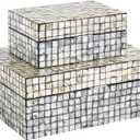 Deco 79 Mother of Pearl Shell Geometric Handmade Decorative Box Square Mosaic Storage Decorative Keepsake Box with Beige Accents, Set of 2 Storage Box 12", 8"W, Gray