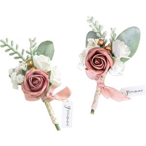 Lookein Set of 2 Wedding Boutonniere for Men Artificial Flowers Wedding Groom Groomsmen Boutonniere for Wedding Ceremony Anniversary Formal Dinner Party, Dusty Rose (Pack of 2)