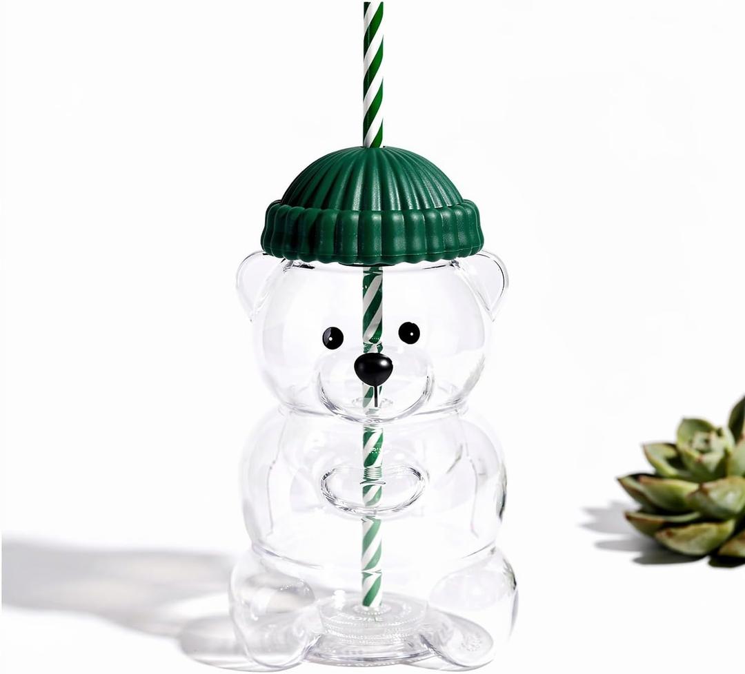 Cute Bear Glass Tumbler with Straw and Lid, Reusable Clear Drinking Cup, Aesthetic Iced Coffee Juice Water Glass Cup (Green)