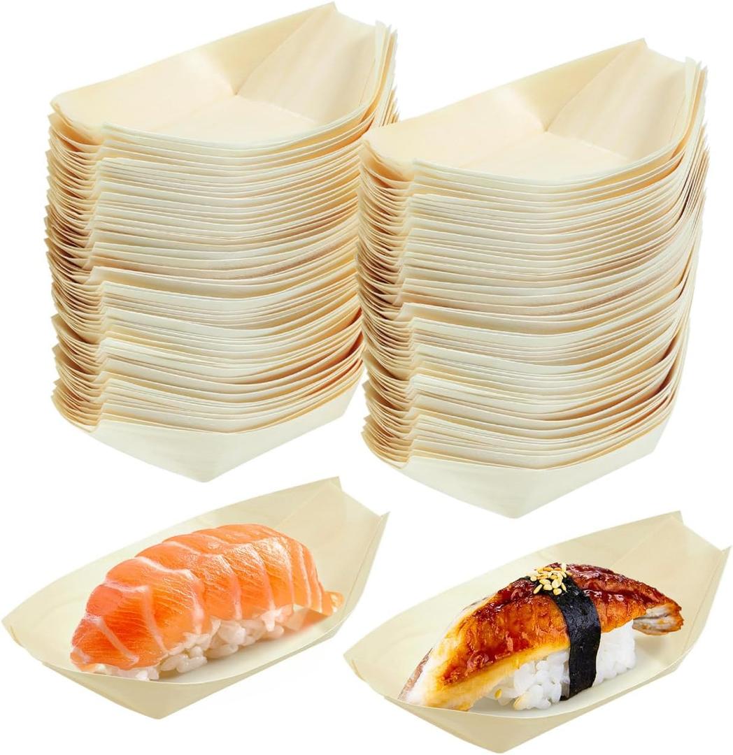 100 Pcs Disposable Wooden Sushi Boats 5.51 Inch Natural Biodegradable Snack Trays Pinewood Serving Dishes for Catering Parties and Home Use (14.00X8.00X4.00CM)