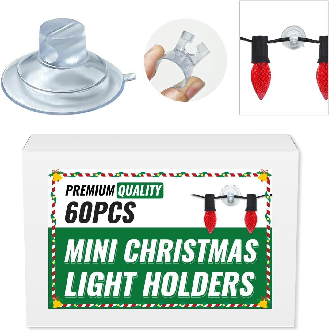 60pcs Mini Christmas Light Suction Cups, Small Holiday Light String Hooks Holders, Clear Rope Light Caddy Window Glass Suction Cup Clips Hang Seasonal Lights & Xmas Decorations