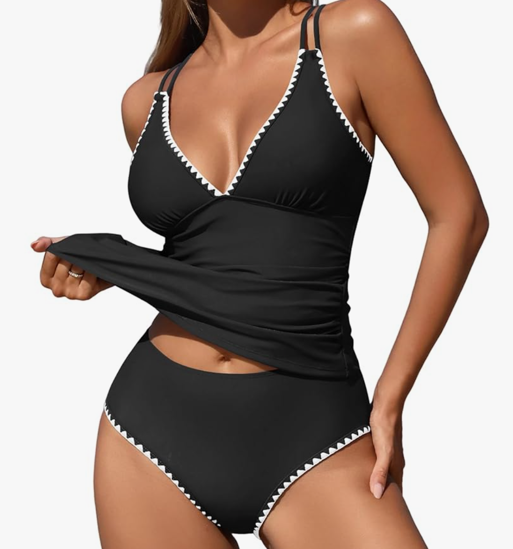 ZAFUL Womens Tankini Swimsuits V Neck Push Up Swim Top Color Block Tummy Control High Waisted Bathing Suits Swim Bottom (Size L)