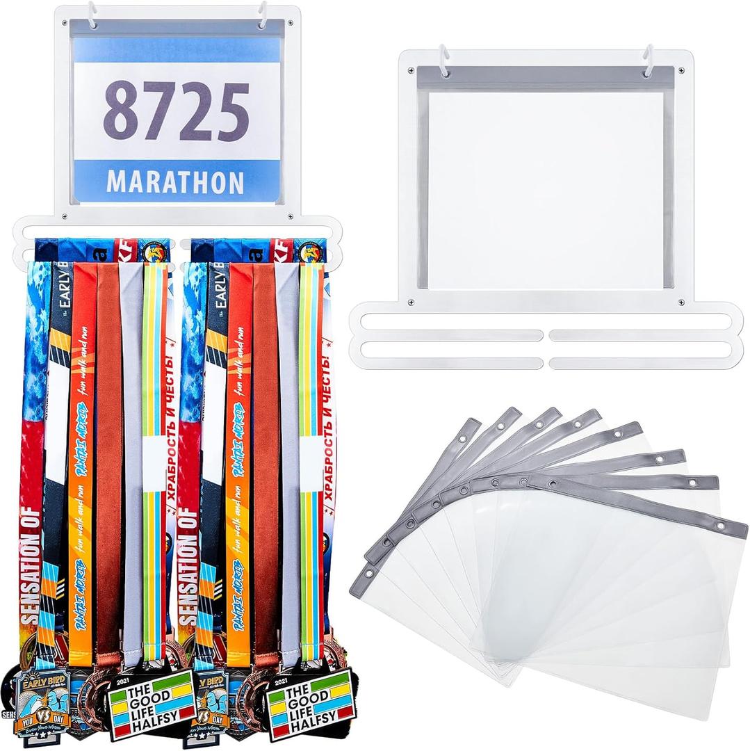 Moxweyeni Race Medal and Bib Display Medal Hanger Running Bib Holder Wall Mounted Hanging Rack stands Gifts for Runners(White,13.78 x 11.22 Inch,Classic)