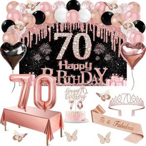 70th Birthday Decorations for Women, 49pcs Black Rose Gold Black Happy 70th Birthday Banner, Tablecloth, Butterfly Decor, Sash and Tiara, Cake Topper, Candles, Balloons Arch