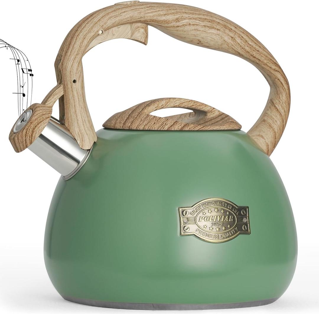 POLIVIAR Tea Kettle, 2.7 Quart Stovetop Tea Kettle, Audible Whistling Teapot, Food Grade Stainless Steel for Anti-Rust, Anti Hot Handle, Suitable for All Heat Sources (JX2022-MN30) (Seaweed Green-N)