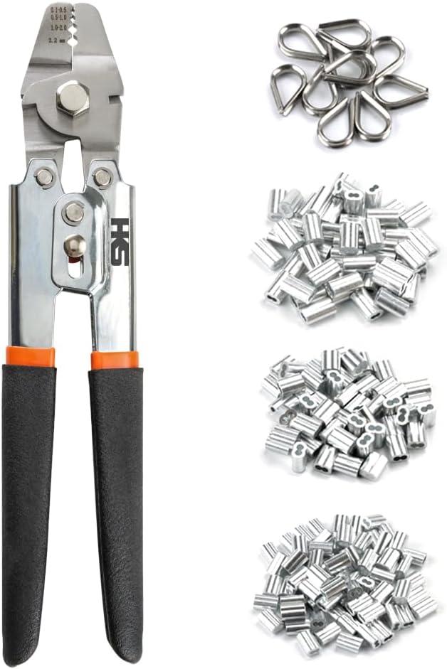 HKS Up to 2.2mm Wire Crimp Tool with 180 Sleeves and 10 Stainless Steel Thimble Kits, 3 Sizes of Aluminum Double Tube Collars, Fishing Wire Crimp Tool with Cutting Function
