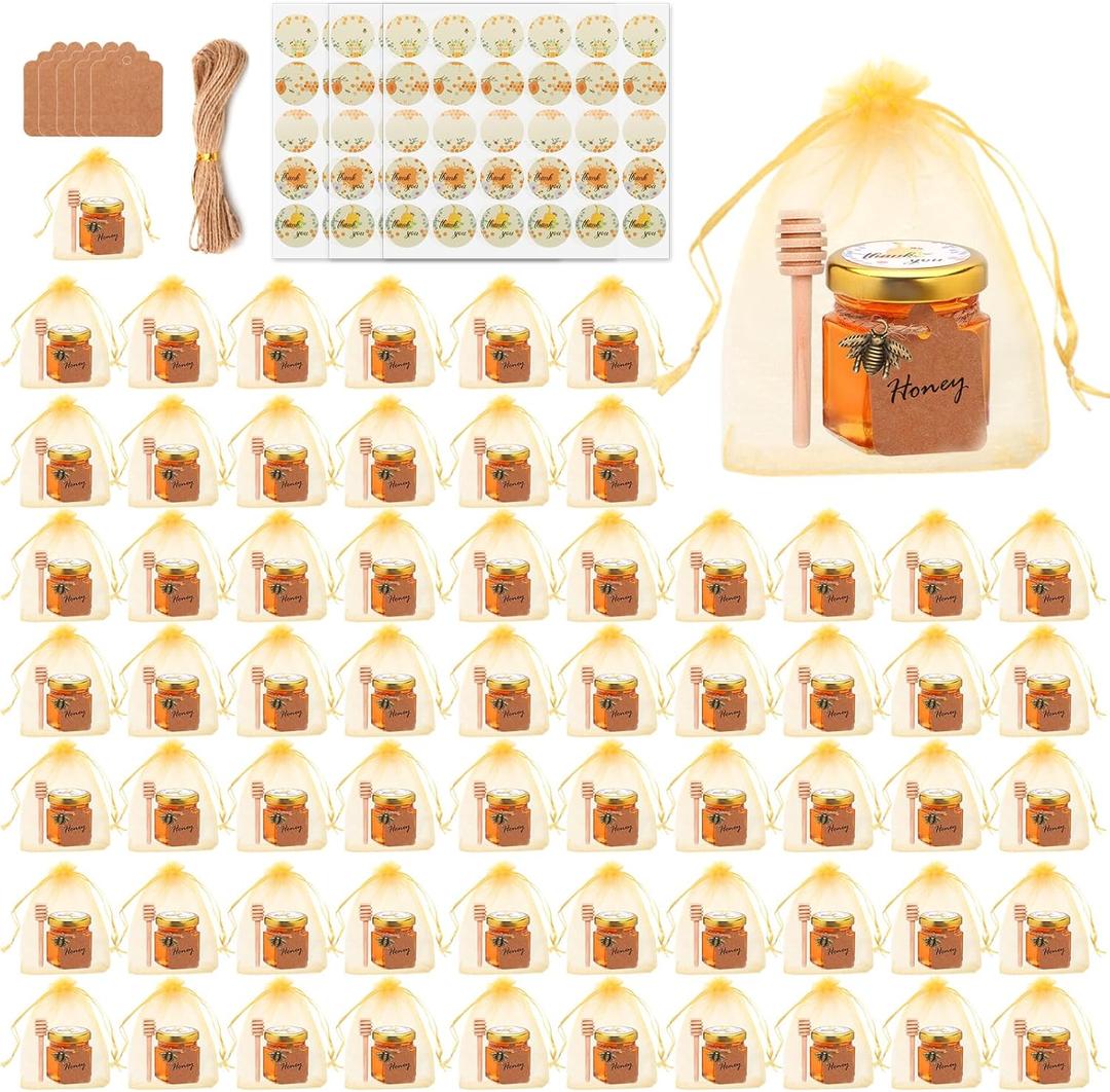 64pack 1.5oz Mini Honey JarsGold Lids, Glass Hexagon Honey Jars with Dippers,Cute Stickers,Bee Pendants,Gift Bags and Jute for Wedding Favors,Baby Showers,Party Favors,Birthdays & Jams