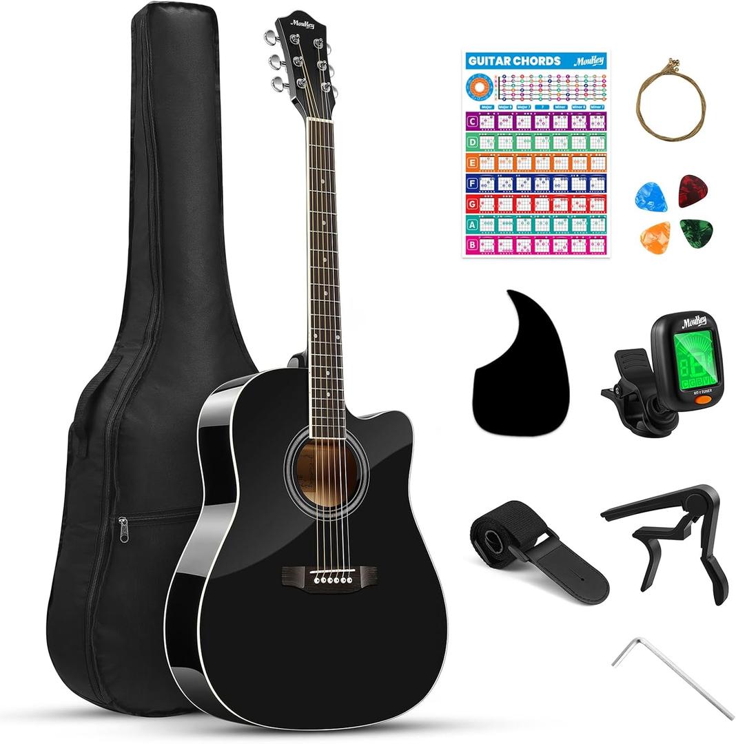 Moukey 41" Acoustic Guitar for Beginners Adult Teen Full Size Guitarra Acustica with Chord Poster, Gig Bag, Tuner,Steel Strings, Capo, Strap - Black