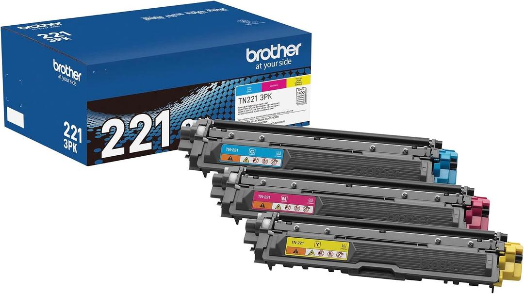 Brother Genuine Standard-Yield Toner Cartridge Three Pack TN221 3PK -Includes one Cartridge Each of Cyan, Magenta & Yellow Toner, Standard Yield (TN2213PK), Cyan, Magenta, Yellow