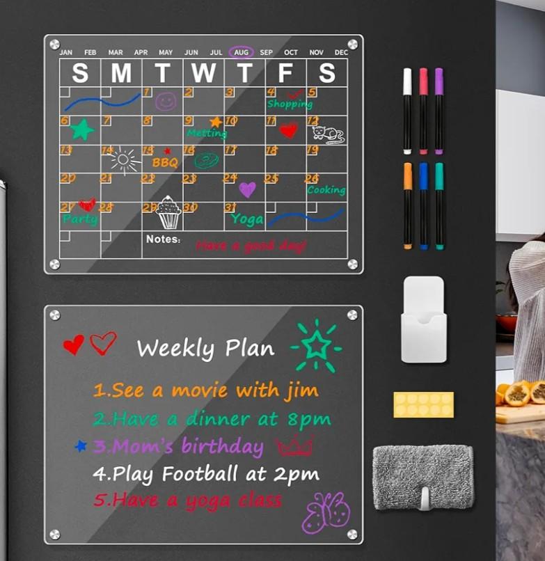 Acina Large 19 * 16 Inches Acrylic Magnetic Board Calendar for Fridge, Magnetic Monthly Calendar for Refrigerator, Reusable Clear Acrylic Calendar Planner Board Includes 6 Markers with 3 Colors