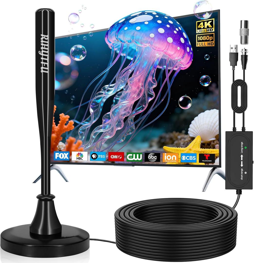 TV Antenna Indoor for Local Channels, 2026 Antenna for Smart TV with Strong Magnetic Base, Long Range Reception HD Digital Antennas, 16.5ft Long Cables, Supports 4K 1080P (Black)