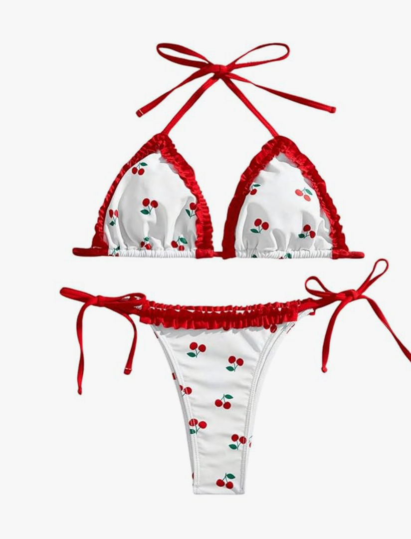 MakeMeChic Women's 2 Piece Bikini Set Cherry Halter Backless Ruffle String Cute Bathing Suit, Size Small