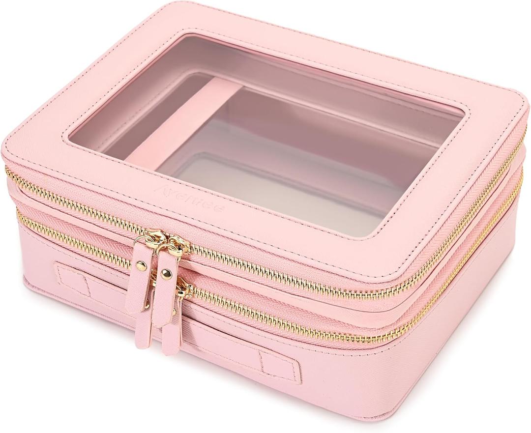 Aveniee XL Clear Makeup Organizer,Double Layer Travel Cosmetic Case with Brush Holder & Zippered Compartments,Big Toiletry Bag for Travel Accessories,2 Layers Large,Pink