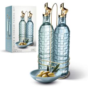 COOK WITH COLOR Glass Olive Oil Bottle Dispenser - 2 Pack- 17oz Oil and Vinegar Cruet - Olive Oil Carafe Decanter for Kitchen, Checkered, Blue