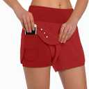 Ksmien Women's 2 in 1 Running Shorts - Lightweight Athletic Workout Gym Yoga Shorts Liner with Phone Pockets (Red, XL)