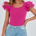 PRETTYGARDEN Women's Ruffle Short Sleeve Shirts 2025 Summer Casual Basic Tee Cute Fitted Crew Neck Fashion Tops Clothes (Red, S)