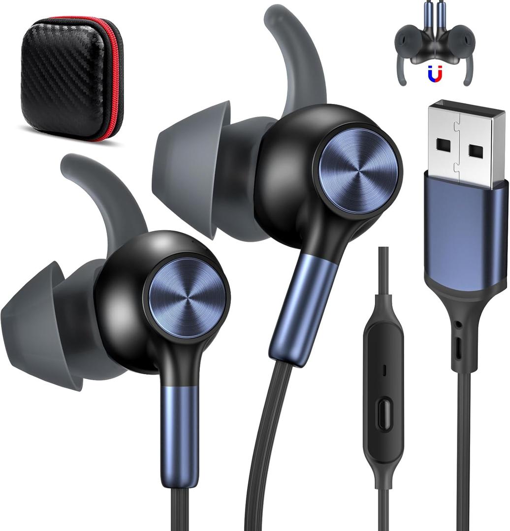 USB Earbuds with Microphone for PC Laptop,Wired USB A Headphones with Mic& Earfins Hook for Computer Office Work,7.5ft Noise Canceling Stereo Computer Headset for Dell/HP/Chromebook Game School,Black