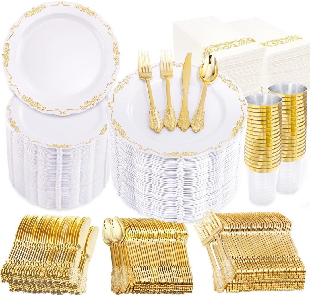 supernal 800pcs Gold Plastic Dinnerware Set,100pcs 10.25" Dinner Plates,100pcs 7.5" Dessert Plates,400 Gold Plastic Silverware,100 Cups,100 Napkins,100 Guest Tableware set