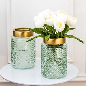 2-Pack Flower Vase Glass, Green Fluted Vase with Golden Metal Top,Stylish Decorative for Tabletop Centerpiece, Kitchen,Living Room,Bedroom,Bathroom,Office