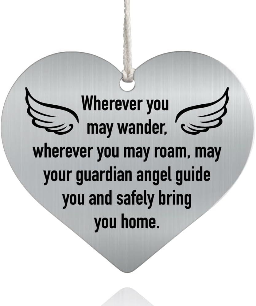 XQLZY Wherever You May Roam May Your Guardian Angel Guide You and Safely Bring You Home Stainless Steel Love Rear View Mirror Car Charm, Safe Travel Gifts for Women, Protection Gifts for Men Driver