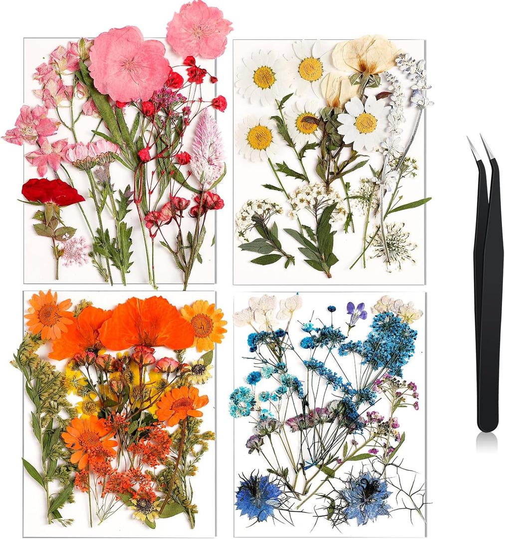 Nuanchu Dried Flower for Crafts Resin Pressed Flowers Bulk, Real Dried Wildflowers Leave Natural with Tweezer for Resin Mold Scrapbooking Nail Soap Candle Cake Card Making Christmas Craft DIY Supplies (Blend Color)