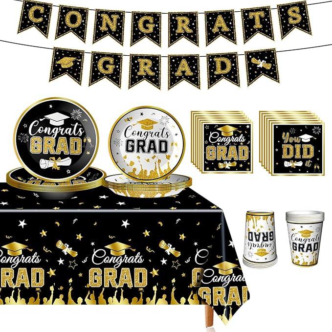 2025 Graduation Party Decorations, Black and Gold Decorations Party Supplies with Paper Plates, Napkins, Tablecloth, Cups, Banner for Grad Favors Supplies, Grad Tableware Kit Serves 24