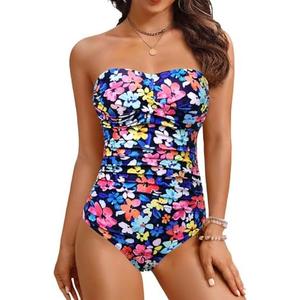 Yonique Womens Strapless One Piece Swimsuit Tummy Control Bandeau Bathing Suits Slimming Twist Front Swimwear, Floral, Small