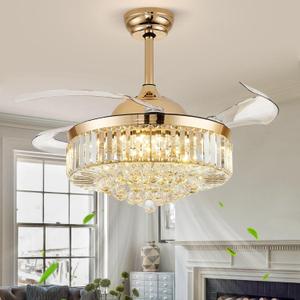 42'' Fandelier Ceiling Fans with Light, Chandelier Ceiling Fan, Retractable Crystal Ceiling Fan for Bedroom, Living Room, 3 Color Change, LED Dimmable, 6 Speeds, Reversible DC Motor-Gold