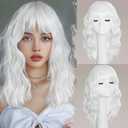 White Wig with Bangs Short Wavy Wigs for Women Curly Bob Style Wear and Go Natural Synthetic Wigs for Halloween Costumes Cosplay Daily Party Use 16IN