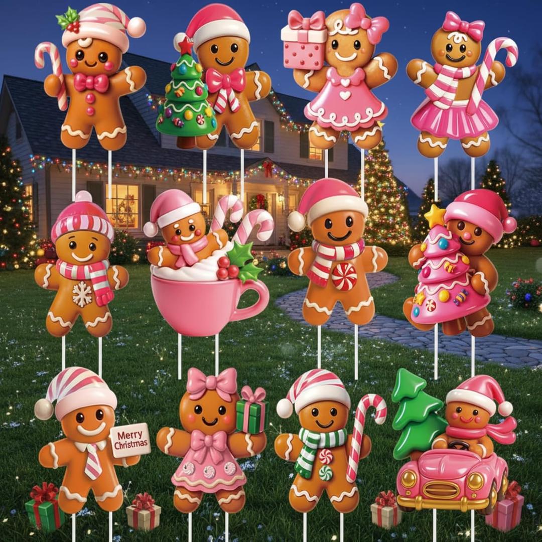 Roowest 12 Pcs 3D Pink Christmas Gingerbread Man Decorations Outdoor, Gingerbread House Yard Stakes Christmas Yard Signs with Stakes Xmas Lawn Signs for Holiday Garden Lawn Patio Pathway Decor Outside
