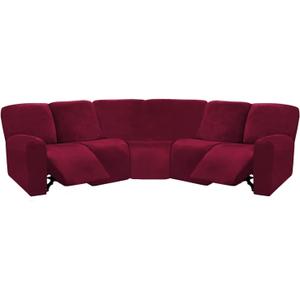 ULTICOR 7-Piece L Shape Sectional Recliner Sofa Covers, Velvet Stretch Reclining Couch Covers for Reclining L Shape Sofa, Thick, Soft, Washable (Burgundy - Wine, L Shape 5 Seat Recliner Cover)