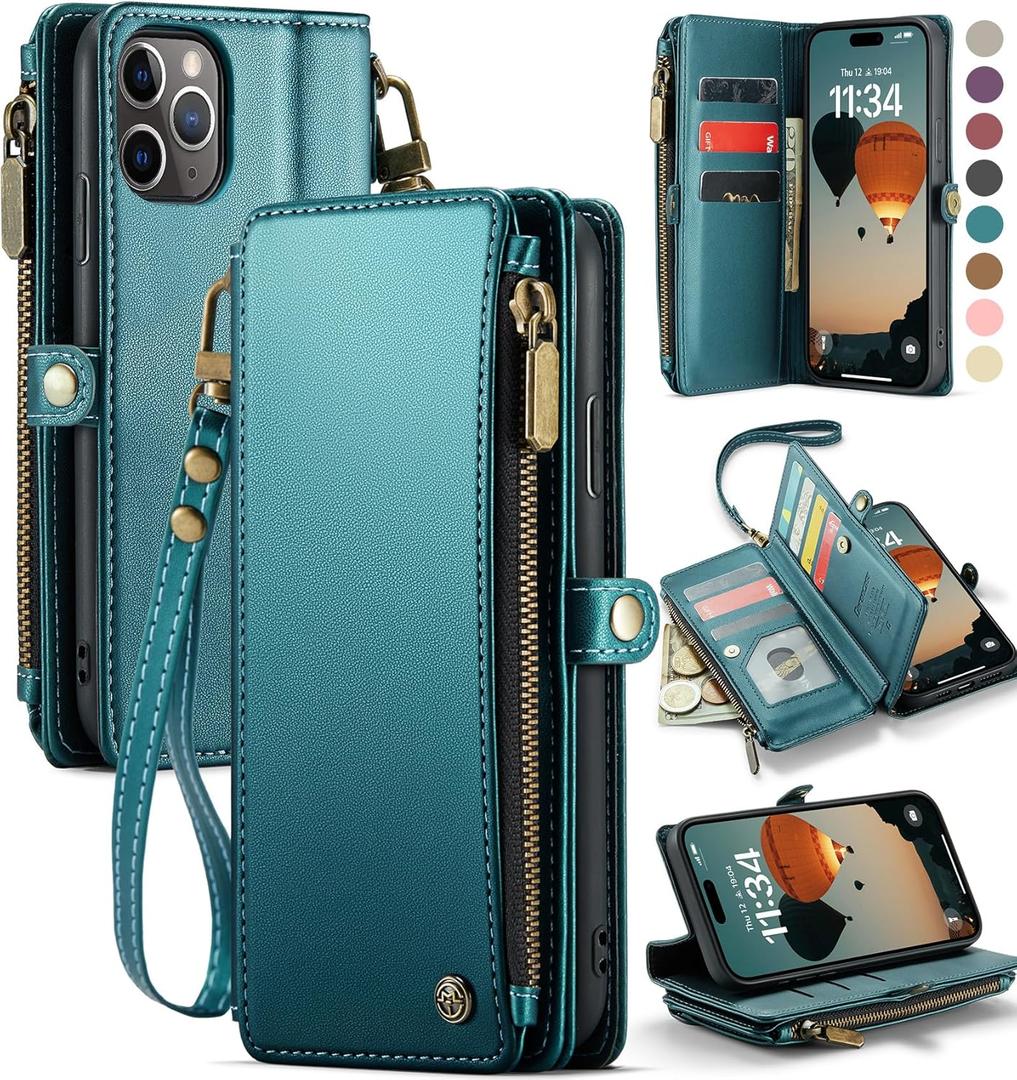 Defencase Compatible with iPhone 11 Pro Max Case Wallet with RFID Blocking Card Holder for Women Men, PU Leather Magnetic Snap Flip Zipper Strap Wallet Phone Case Fit for iPhone 11 Pro Max, Blue Green