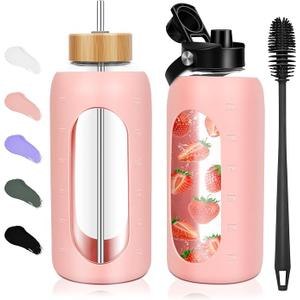 Glass Water Bottles 64 oz - Half Gallon Large Motivational Daily Water Intake Bottle Time Marker - Glass Water Bottle With Straw, Silicone Sleeve 2 Lids, Handle Spout & Bamboo Lid(Pink)