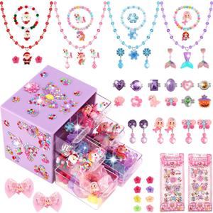 Toddler Girl Toys for Ages 5-7 Littler Girls Jewelry Set,51Pcs Kids Toy for Girls Age 8-10 Clip on Earrings,Princess Toys Adjustable Ring,Girl Toy Age 3 4 5 6-8 Year Old Birthday Christmas Gifts (Purple)