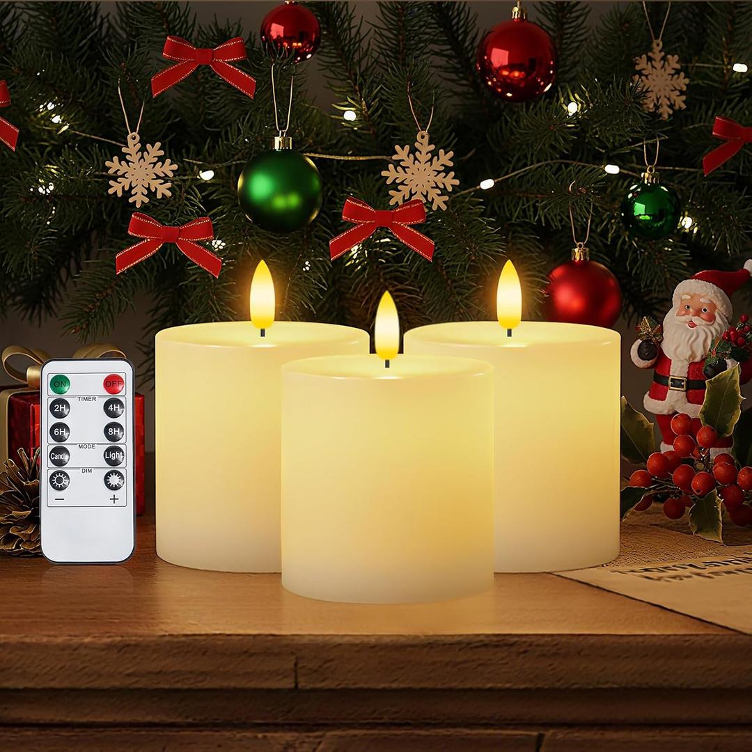 Homemory White Flameless Candles Battery Operated with Remote Timer, 3x3 Real Wax LED Pillar Candle for Home Fireplace Bedroom Living Room Party, Set of 3
