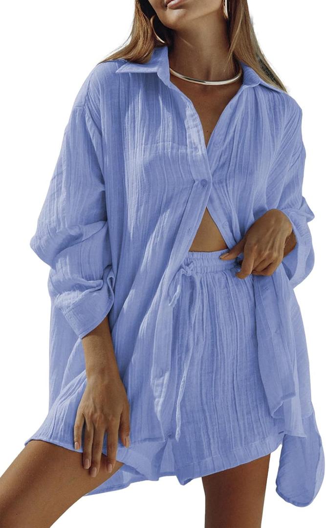 Linsery 2 Piece Summer Outfits Button Down Shirt Top and Shorts Casual Lounge Sets (Medium, Glacial Blue)