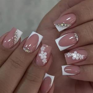 White French Tip Press on Nails Medium Square Fake Nails with 3D Floral Rhinestones Design Flower False Nails Press ons Glossy Full Cover Spring Summer Stick on Nails for Women Manicure
