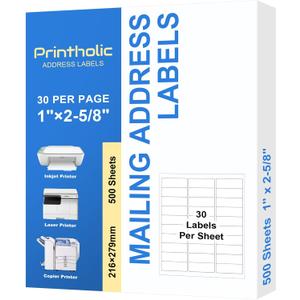 15000 30 Per Sheet Self Adhesive 1" x 2-5/8" Address Shipping Labels for Laser & Inkjet Printers - 500 Sheets, 30 Per Labels Per Page, 30 up Labels