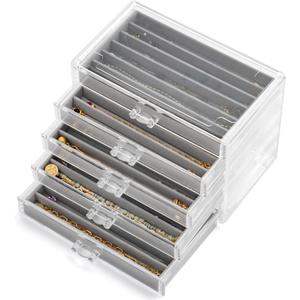 Necklace Organizer Box with 5 Drawers 30 Compartments, Dustproof Velvet Necklace Display Tray, Acrylic Necklaces Display Case, Pendant Chains Necklace Storage Tray Gift for Women and Girls (Grey)
