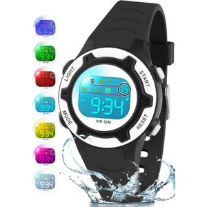 DTKID Digital Kids Watch 30 M Waterproof, 7 Color Lights Time Teaching Watch Easy to Read for Girls Boys 5-16 (Black-White)
