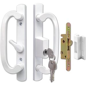 Sliding Glass Door Handle Set Replacement with Keyed Lock, 3-15/16" Screw Hole Spacing, Reversible Non-Handed Patio Door Handles, Aluminum Pull, Fits 1-3/8" to 2" Thick Doors (White, FullSet)