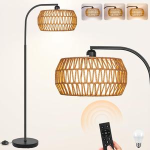 Boho Farmhouse Standing Lamp with Rattan & Linen Shades, Stepless Dimmable Bulb, Black Metal Base for Living Room, Bedroom, Office