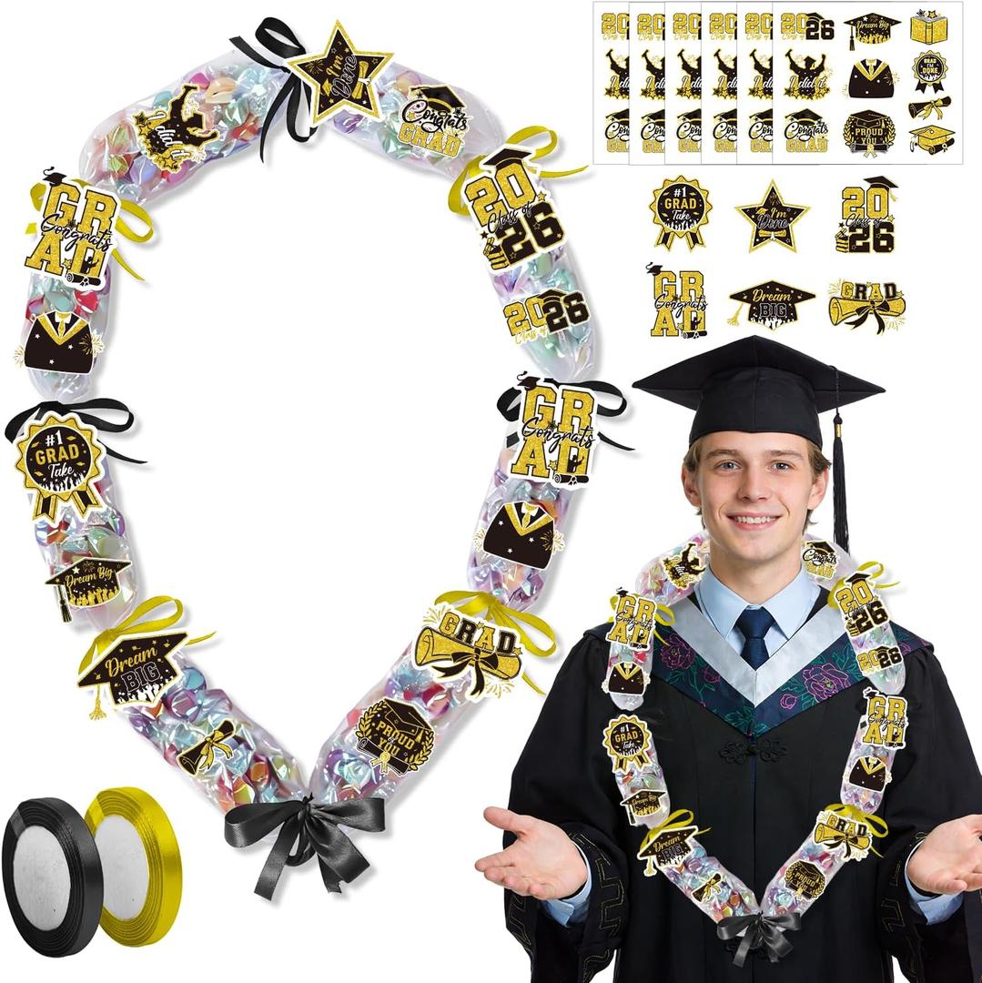 Candy Leis for Graduation 2026 - Candy Lei Making Kit Clear Poly Tubing Gold Black, 12 Tubing Clear, 2 Rolls Ribbon, 72 Paper Cards 12 Stickers DIY Grad Gift Supplies College High School