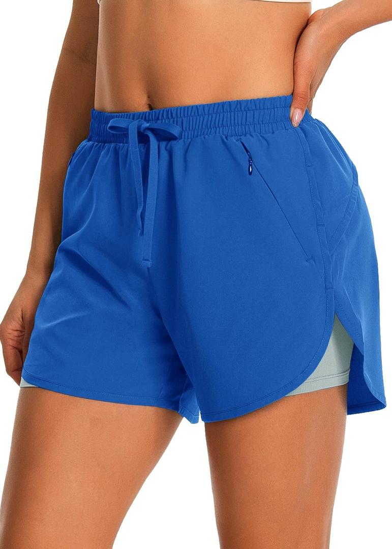 Hooxum Womens 2 in 1 Running Athletic Shorts with Liner Zipper Pockets (Blue, XS)