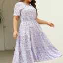 Keluummi Plus Size Maxi Dress for Women V-Neck Floral Empire Waist 3/4 Sleeve with Pockets