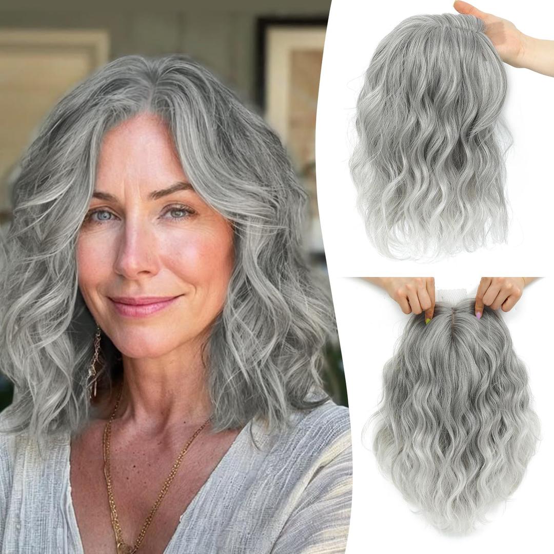 Ms Taj 11 Inch Short Wavy Hair Topper for Women with Thinning Hair, Natural Synthetic Lightweight & Breathable Hairpiece for Women with 6.5"x6.5" Base, Instantly Adds Volume and CoverageSilver Grey