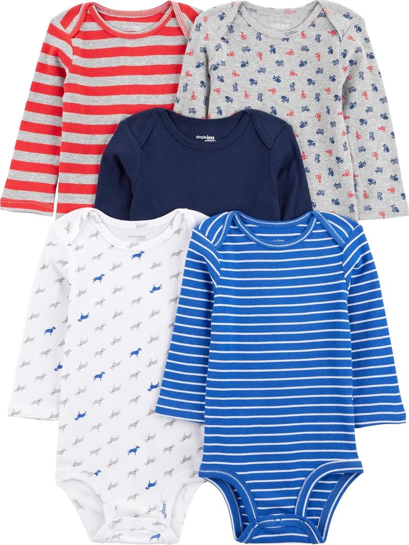 Simple Joys by Carter's Baby-Boys Long-Sleeve Bodysuit Pack of 5Bodysuit (0-3 Months, Blue/Grey Trucks/Red Stripe)
