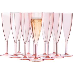 US Acrylic Plastic Reusable Champagne Flute (Set of 12) Rose Pink 5oz Stems | BPA-Free, Shatterproof, Made in USA | Top-Rack Dishwasher Safe