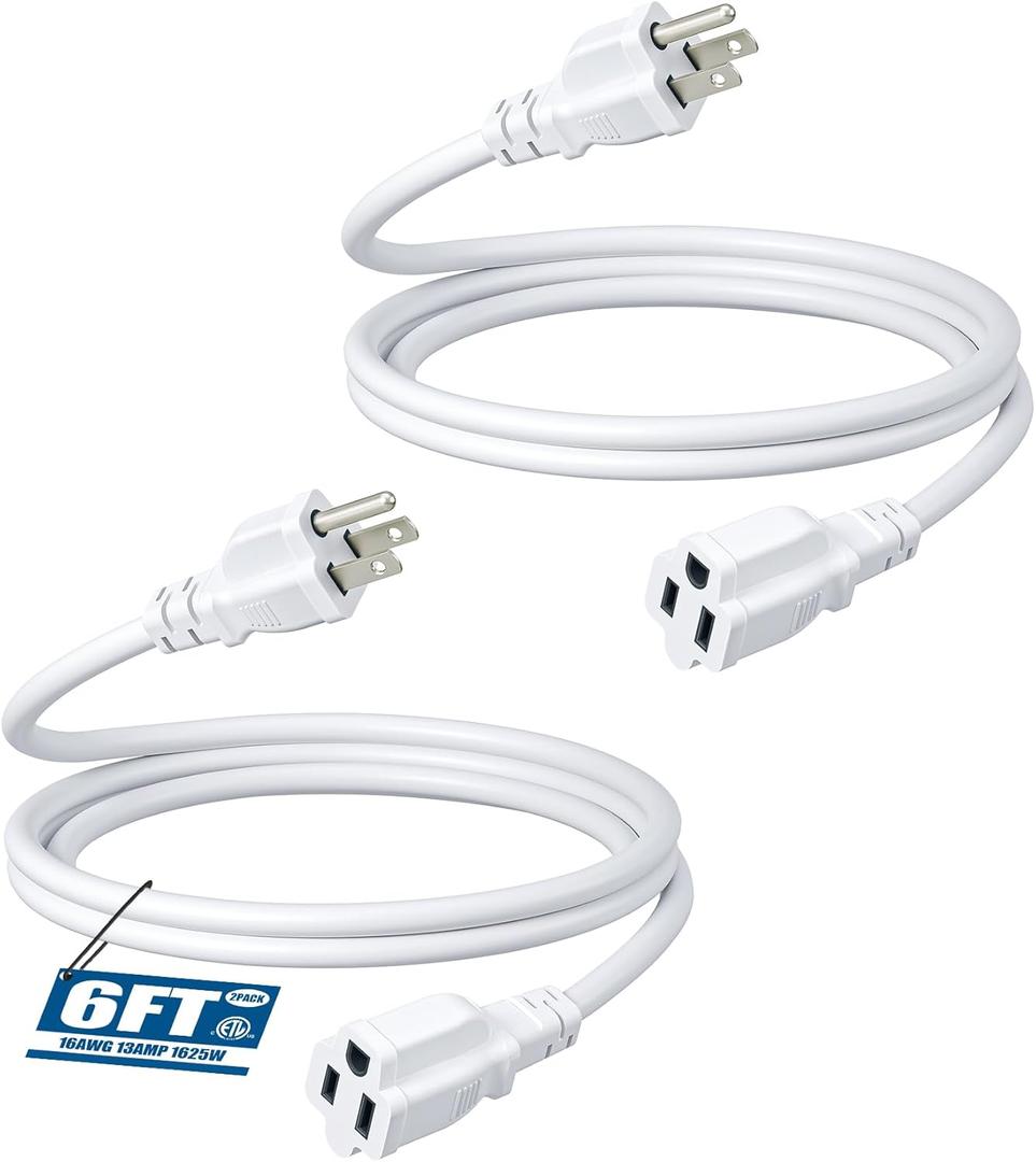 DEWENWILS 6ft Extension Cord, 16 AWG SJTW Weatherproof Power Cable for Indoor Outdoor Use, 3 Prong Grounded Outlets Plugs, ETL Listed, 2 Pack (White)
