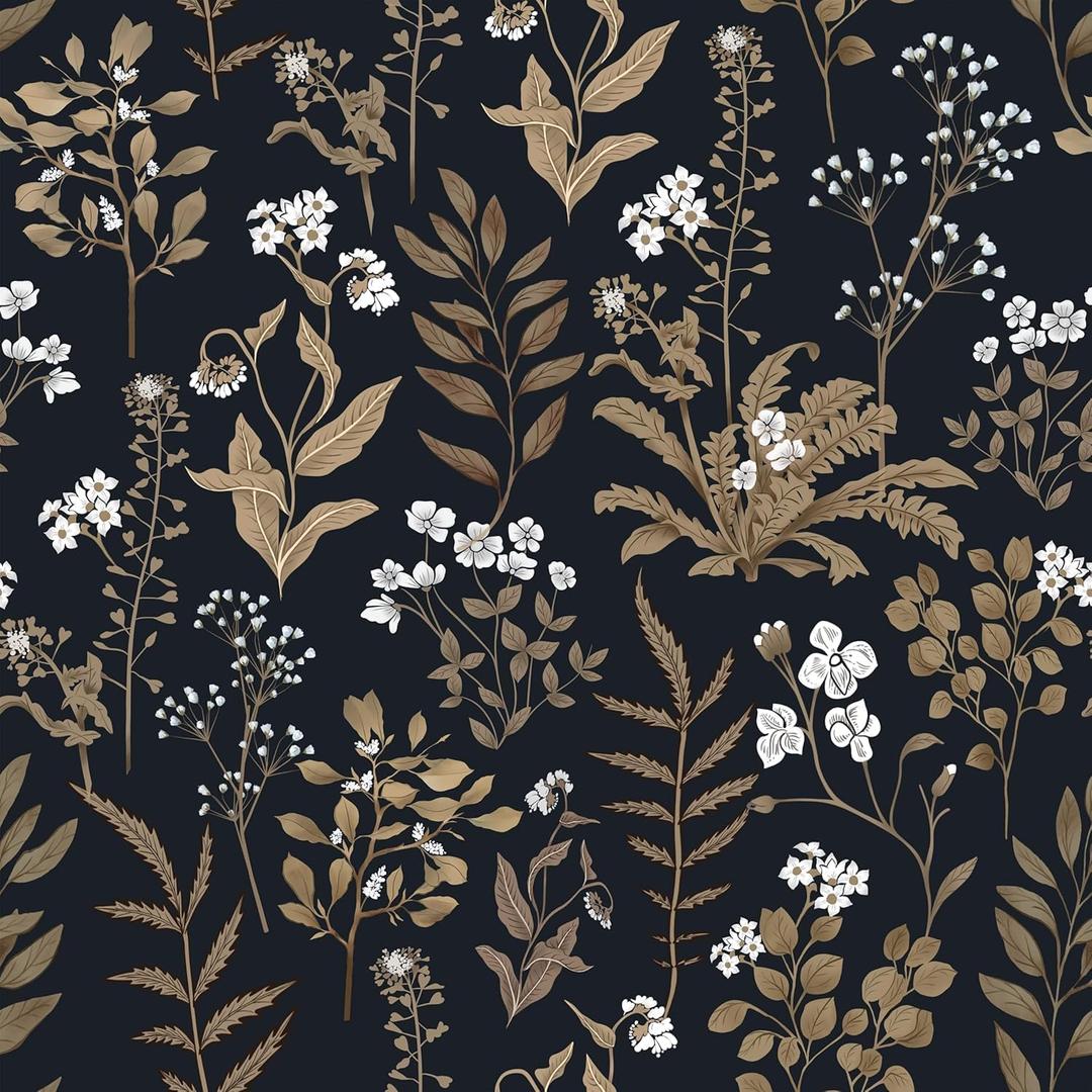 Abyssaly Black and Gold Wallpaper Dark Floral Peel and Stick Wallpaper Vintage Leaf Contact Paper Removable Self Adhesive Waterproof Moody Vinyl Wrap for Bedroom Bathroom Cabinet Decor 17.3" x 196.8"